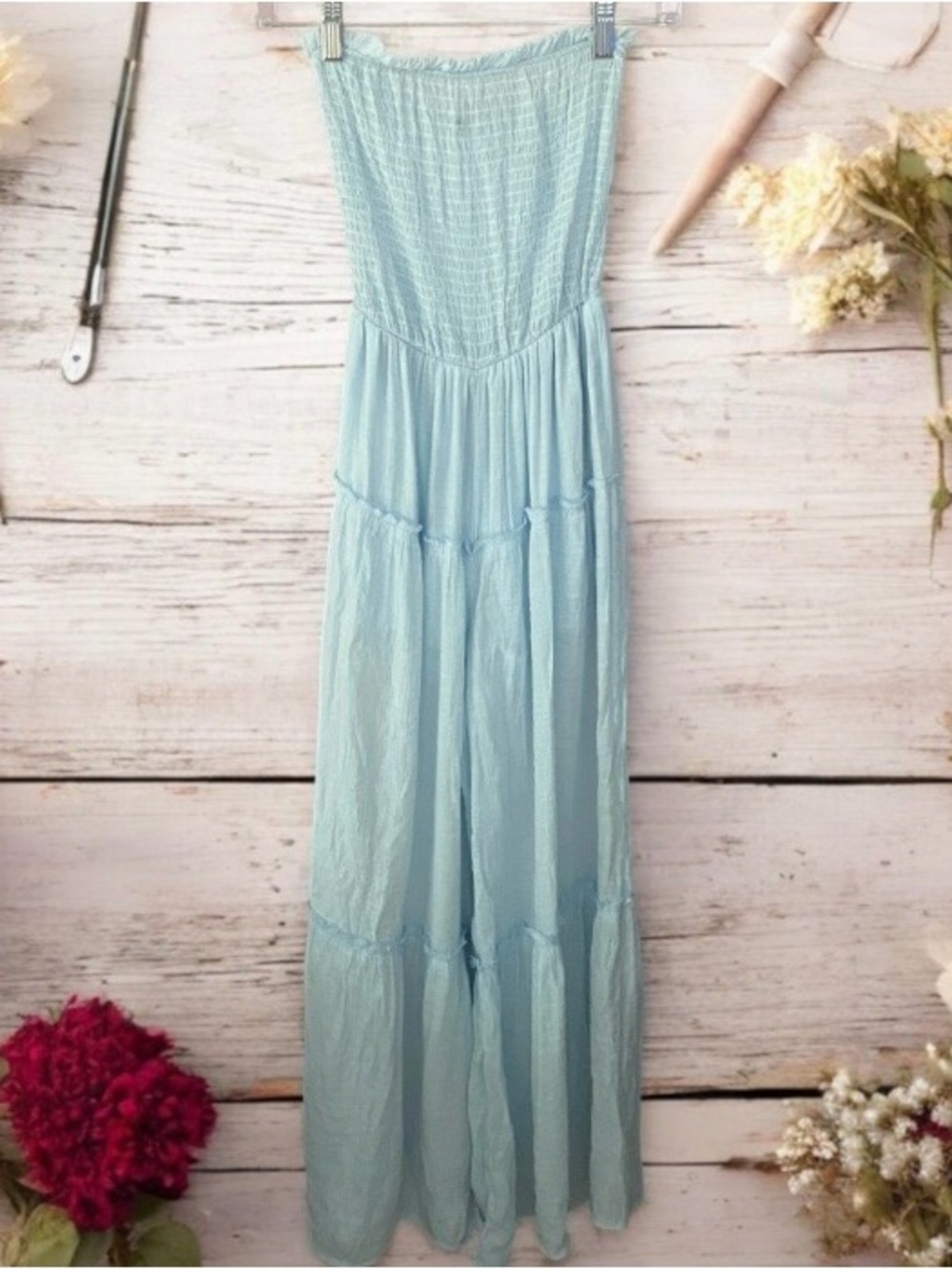 Discreet Wide Leg Jumpsuit Strapless Smocked Boho Lightweight Lagom Large Blue